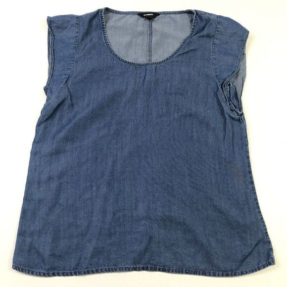 Express Womens Chambray Tunic Top Blue Cap Short Sleeve Shirt Scoop Neck S Small - Picture 1 of 11